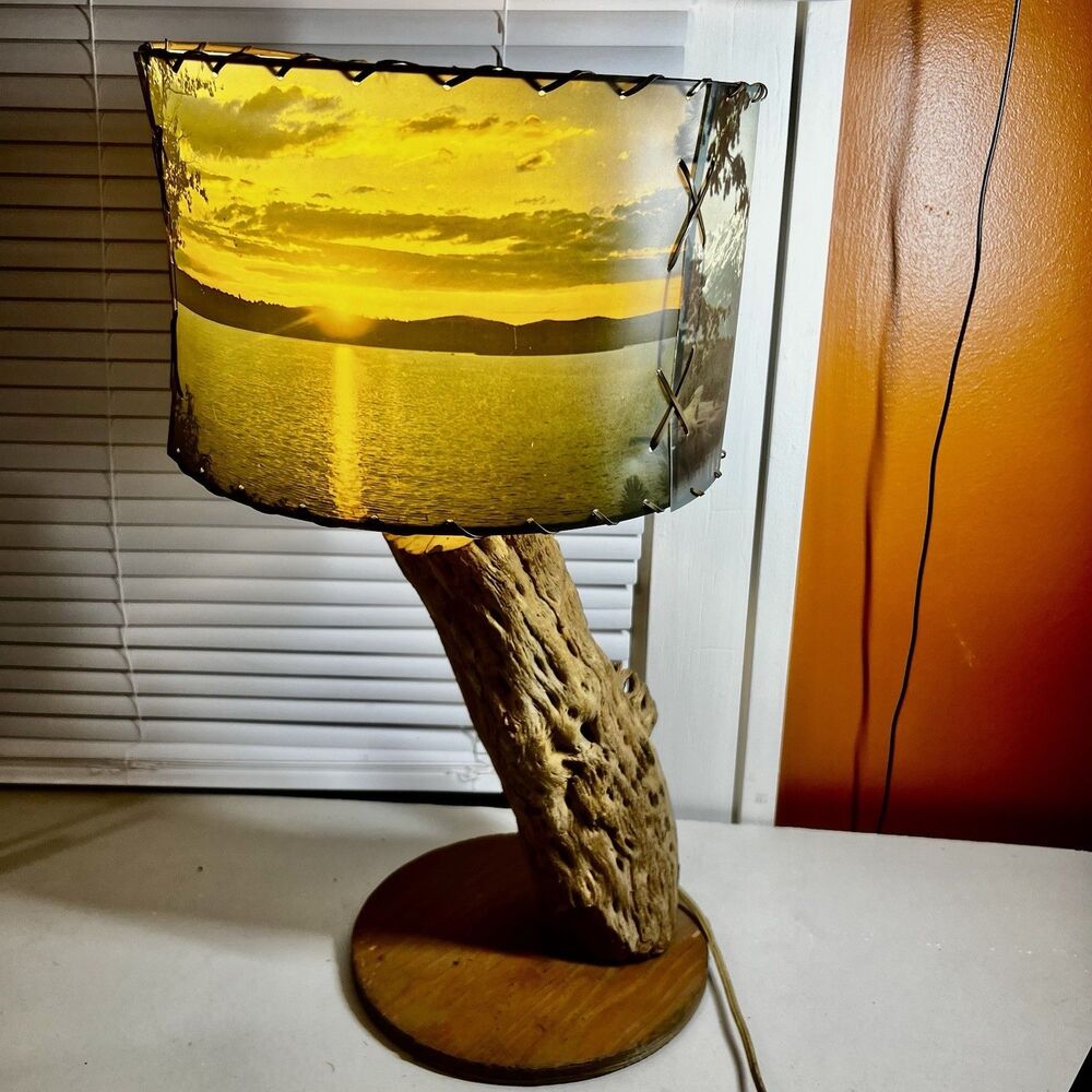 Vintage Cholla Cactus Wood Table Lamp Mid Century Scenic Sunset Photo Shade